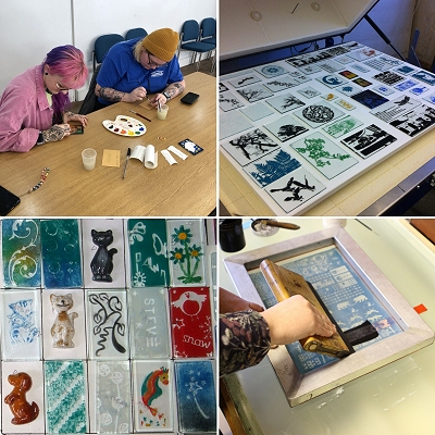 During a workshop, glass ready to be fired, finished samples and applying enamel onto glass with screen-printing.