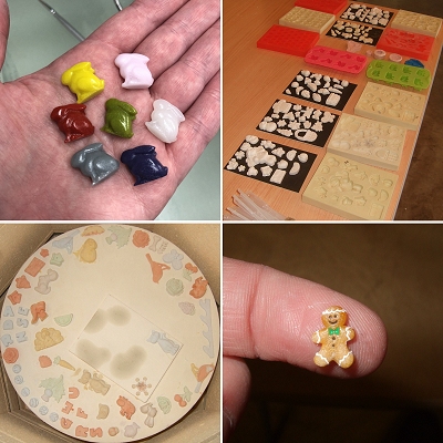 Finished glass castings, various rubber molds, pieces ready for firing and a tiny gingerbread with painted enamel details.