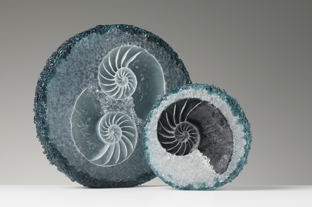 Fused glass powder and frit, nautilus shell sculpture